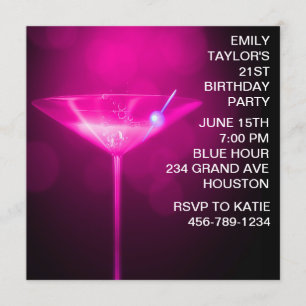 Invitación Cumpleaños 21 de mujer con Martini Rosa Fuerte