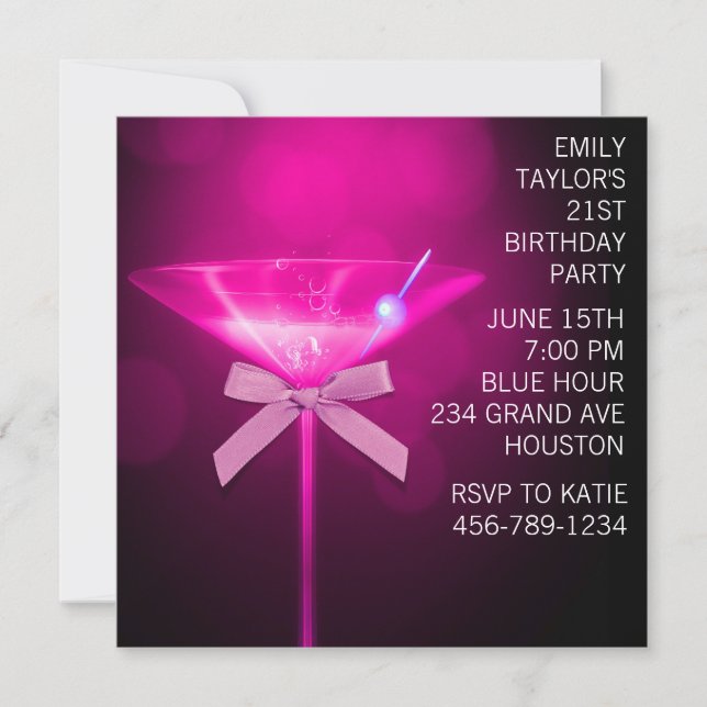 Invitación Cumpleaños 21 de mujer con Martini Rosa Fuerte (Anverso)