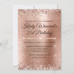 Invitación Cumpleaños 21 de Oro Rosa Metal Bruñido y Brillo