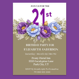 Invitación Cumpleaños 21 de Peonía Azul y Púrpura Hermosa