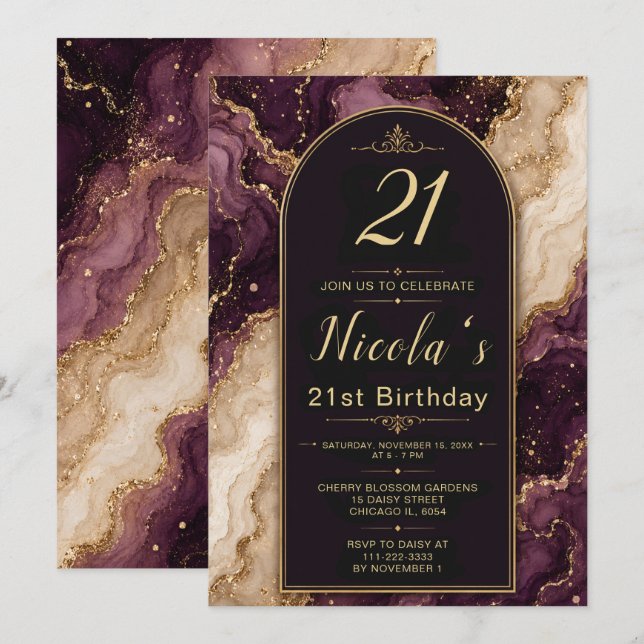 Invitación Cumpleaños 21 de Plum y Gold (Anverso / Reverso)