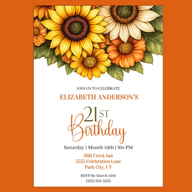 Invitación Cumpleaños 21 de Pretty Sunflower (Pretty Sunflower 21st Birthday Invitation For Her)