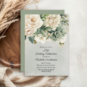 Invitación Cumpleaños 21 de Sage Blanca Floral Dorado
