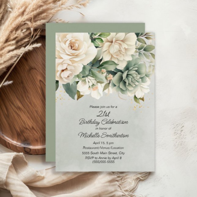 Invitación Cumpleaños 21 de Sage Blanca Floral Dorado (White and sage green floral 21st birthday invitation)