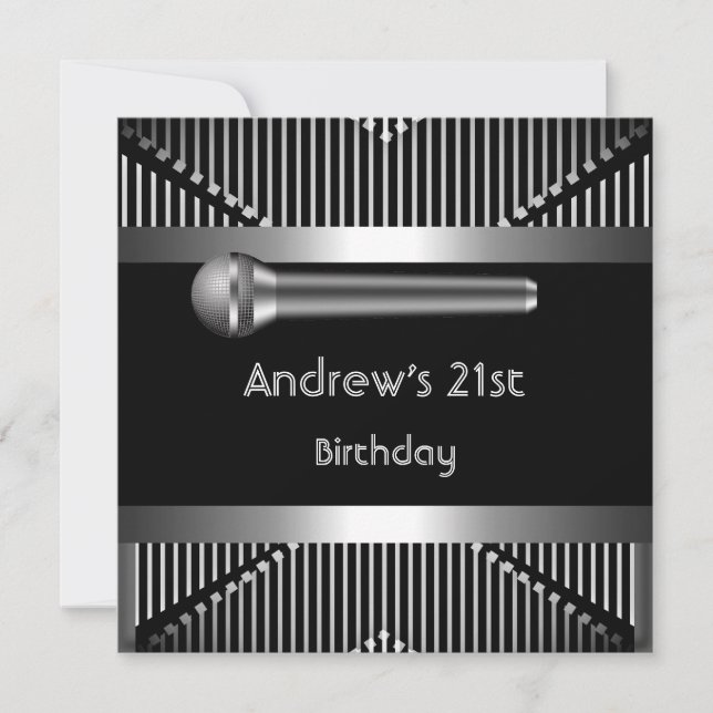 Invitación Cumpleaños 21 del hombre Micrófono de metal negro (Anverso)