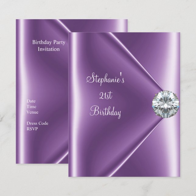 Invitación Cumpleaños 21 Diamante Morado Mauve Joya 2 (Anverso / Reverso)