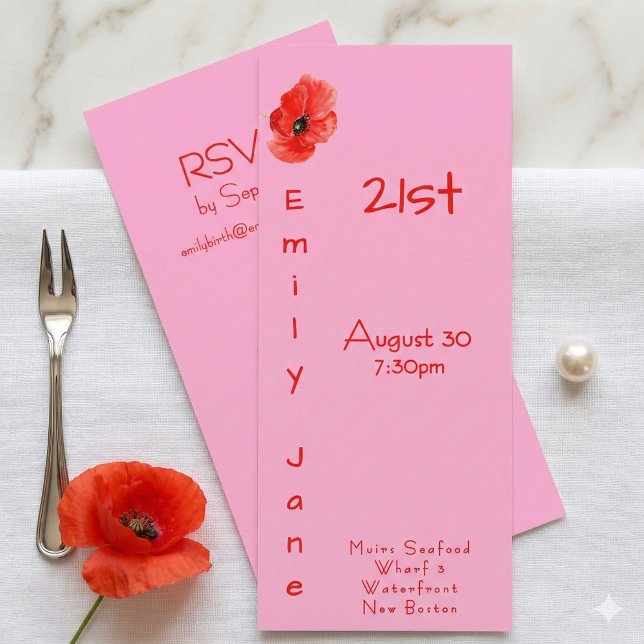 Invitación Cumpleaños 21 divertido amapola roja rosa vertical (Subido por el creador)