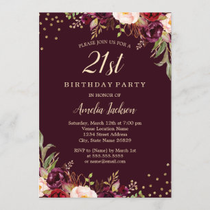 Invitación Cumpleaños 21 dorado Borgoña floral Brillante Fies