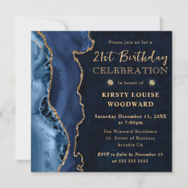 Invitación Cumpleaños 21 Elegante Agata Brillante Azul y Dora