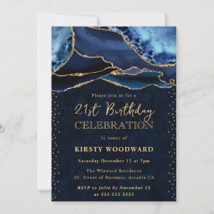 Invitación Cumpleaños 21 Elegante Agata Brillante Azul y Dora