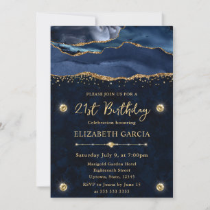 Invitación Cumpleaños 21 Elegante Agata Brillante Azul y Dora