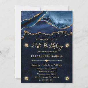 Invitación Cumpleaños 21 Elegante Agata Brillante Azul y Dora