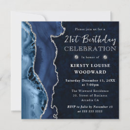 Invitación Cumpleaños 21 Elegante Agata Brillante Azul y Plat