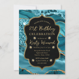 Invitación Cumpleaños 21 Elegante Ágata Brillo Turquesa y Dor