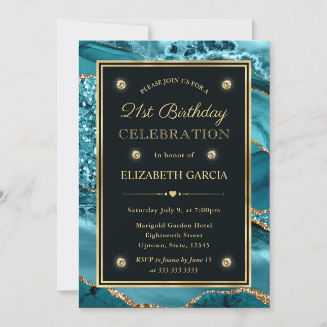 Invitación Cumpleaños 21 Elegante Ágata Brillo Turquesa y Dor (Anverso)