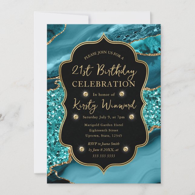 Invitación Cumpleaños 21 Elegante Ágata Brillo Turquesa y Dor (Anverso)