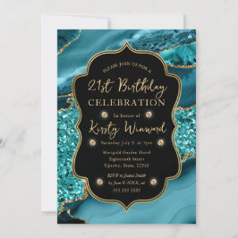 Invitación Cumpleaños 21 Elegante Ágata Brillo Turquesa y Dor