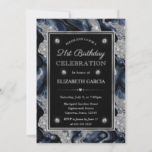 Invitación Cumpleaños 21 Elegante Agata con Brillo Azul y Pla