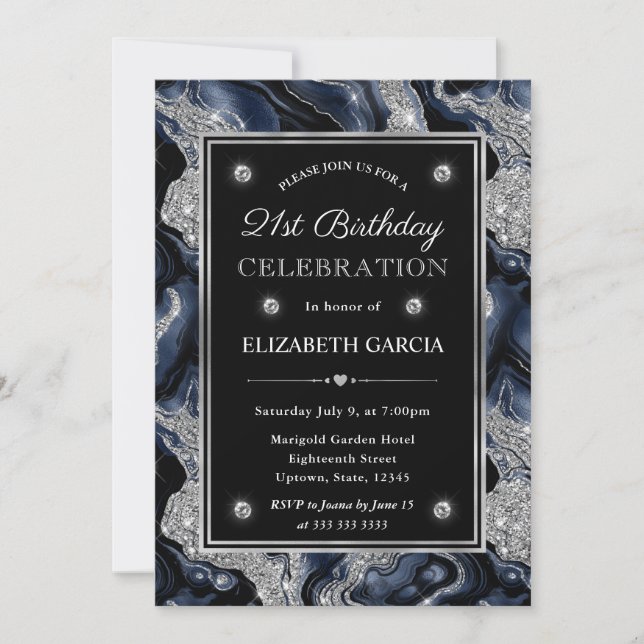 Invitación Cumpleaños 21 Elegante Agata con Brillo Azul y Pla (Anverso)