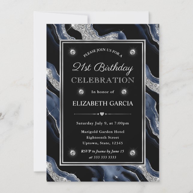 Invitación Cumpleaños 21 Elegante Agata con Brillo Azul y Pla (Anverso)