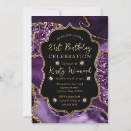 Invitación Cumpleaños 21 Elegante Agata con Purpura y Dorado 