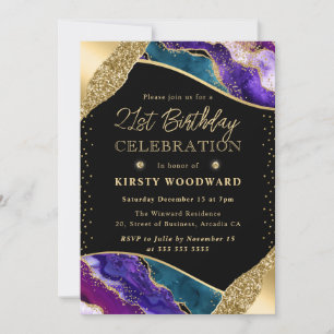 Invitación Cumpleaños 21 Elegante Ágata Morada y Turquesa