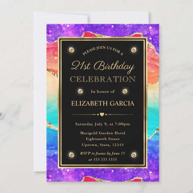 Invitación Cumpleaños 21 Elegante Arcoíris Brillo Ágata y Oro (Anverso)