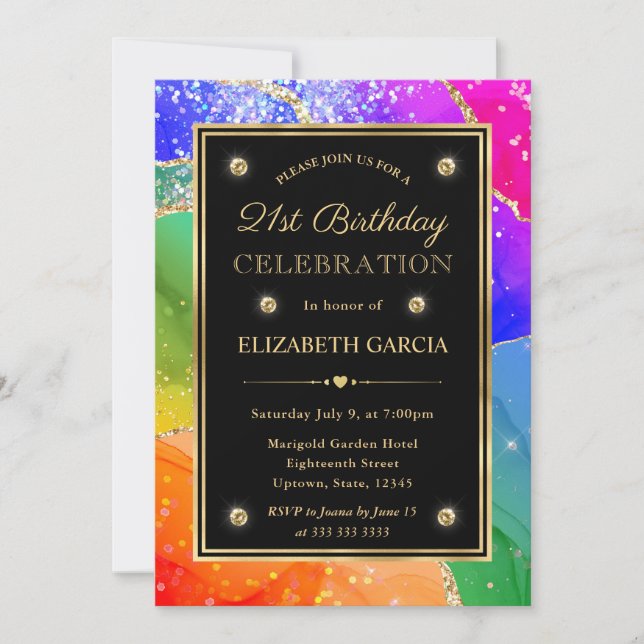 Invitación Cumpleaños 21 Elegante Arcoíris Brillo Ágata y Oro (Anverso)