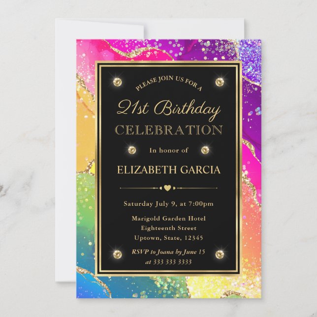 Invitación Cumpleaños 21 Elegante Arcoíris Brillo Ágata y Oro (Anverso)