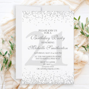 Invitación Cumpleaños 21 Elegante Blanco Gris Plateado Brilla