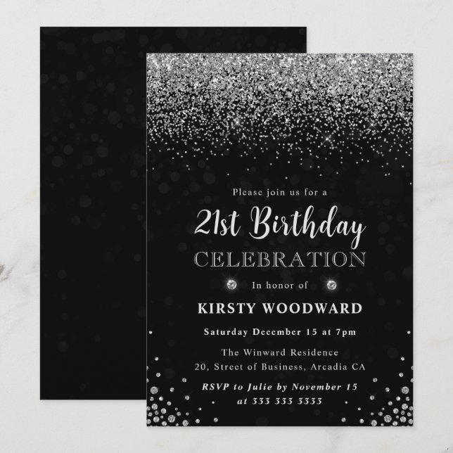Invitación Cumpleaños 21 Elegante Brillo de Plata y Diamantes (Anverso / Reverso)