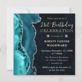 Invitación Cumpleaños 21 elegante con ágata brillo plata y tu