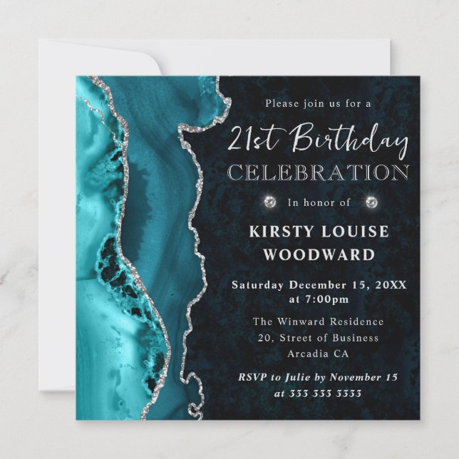 Invitación Cumpleaños 21 elegante con ágata brillo plata y tu (Anverso)