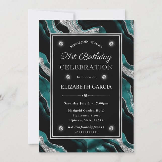 Invitación Cumpleaños 21 elegante con ágata verde azulado y b (Anverso)