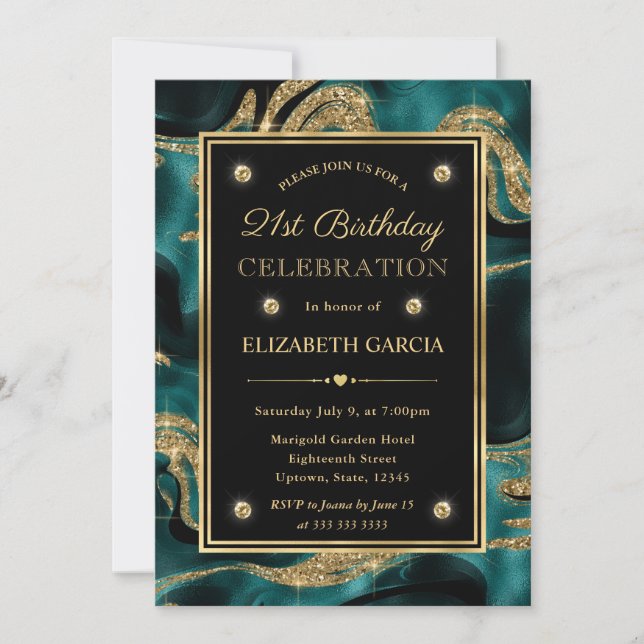 Invitación Cumpleaños 21 elegante con brillo de teal fundido  (Anverso)