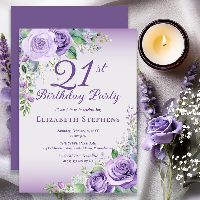 Invitación Cumpleaños 21 elegante con rosas florales de lavan (Elegant lavender watercolor roses for a sophisticated purple 21st milestone birthday celebration.)