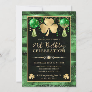 Invitación Cumpleaños 21 elegante con trébol verde y dorado