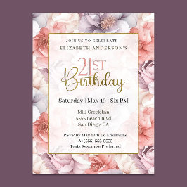 Invitación Cumpleaños 21 Elegante Coral y Lavanda Peonía