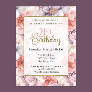Invitación Cumpleaños 21 Elegante Coral y Lavanda Peonía