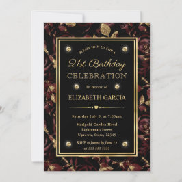 Invitación Cumpleaños 21 elegante de rosa roja y dorada