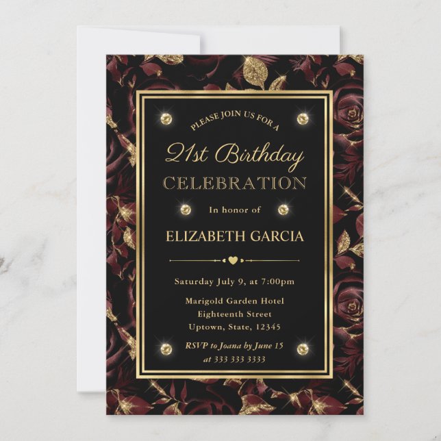 Invitación Cumpleaños 21 elegante de rosa roja y dorada (Anverso)