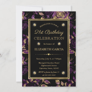 Invitación Cumpleaños 21 Elegante Flor de Rosa Púrpura y Dora
