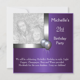Invitación Cumpleaños 21 Elegante Foto Globo Morado Plateado