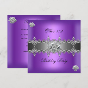 Invitación Cumpleaños 21 Elegante Joyas Florales Moradas Plat
