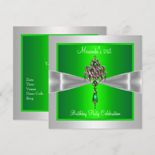 Invitación Cumpleaños 21 Elegante Lazo Verde Lima Plateado Bl