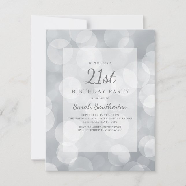 Invitación Cumpleaños 21 Elegante Mono Glitter Plateado (Anverso)