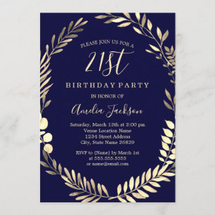 Invitación Cumpleaños 21 Elegante Navy Gold Acuarela
