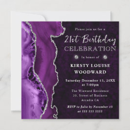 Invitación Cumpleaños 21 Elegante Purpura Brillo de Plata Ága