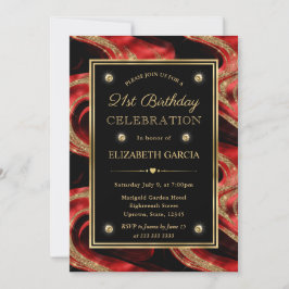 Invitación Cumpleaños 21 Elegante Rojo Fundido y Brillo Dorad