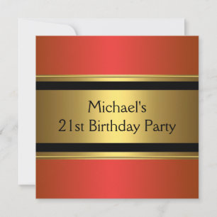 Invitación Cumpleaños 21 elegante rojo negro y dorado metal